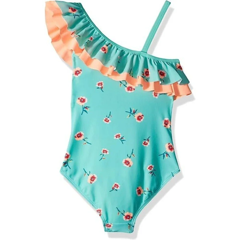 Kanu Surf Girls' Morgan Floral Ruffle 1-Shoulder‎ 1-Piece Swimsuit, Aqua, 14